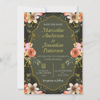 Convite Elegant Dark Floral Wedding Invitation Card