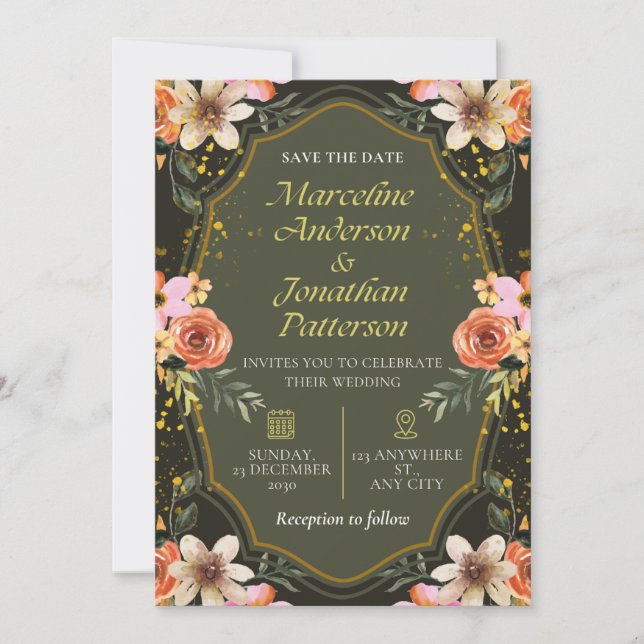 Convite Elegant Dark Floral Wedding Invitation Card (Frente)