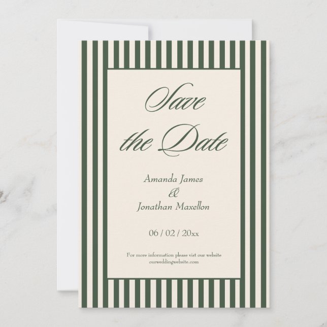 Convite Elegant Dark Green and Cream Stripes Save the Date (Frente)