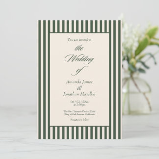 Convite Elegant Dark Green Cream Vertical Stripes Wedding