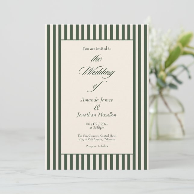 Convite Elegant Dark Green Cream Vertical Stripes Wedding (Em pé/Frente)