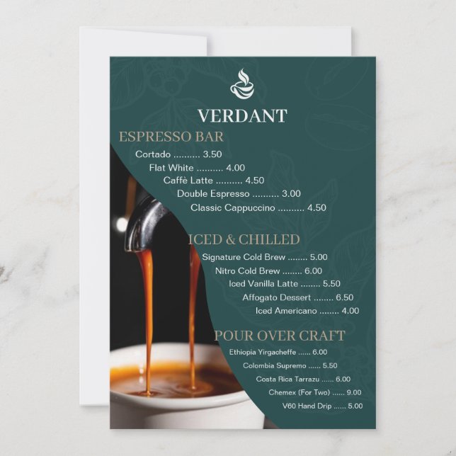 Convite Elegant Dark Green Specialty Coffee Shop Menu Card (Frente)