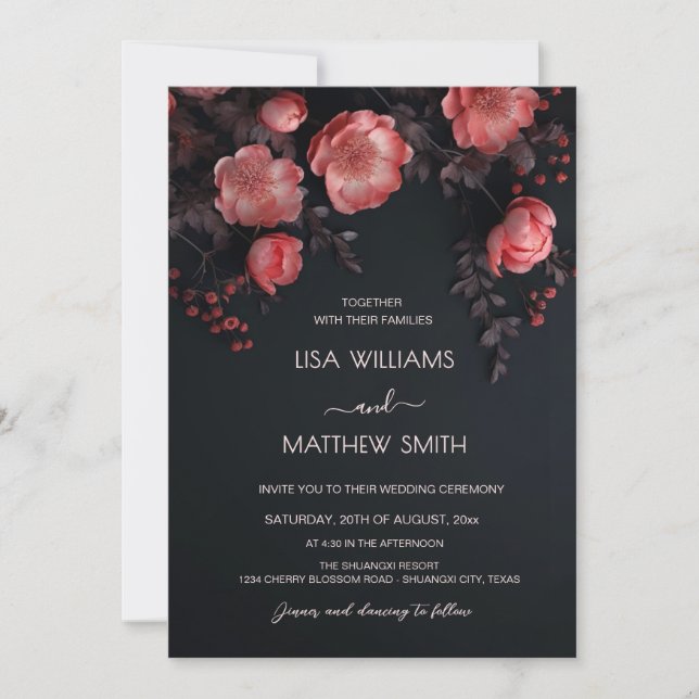 Convite Elegant Dark Moody 3D Roses Wedding (Frente)