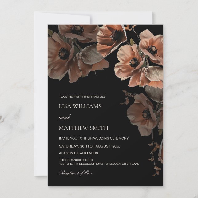 Convite Elegant Dark Moody Blush Flowers  Wedding (Frente)