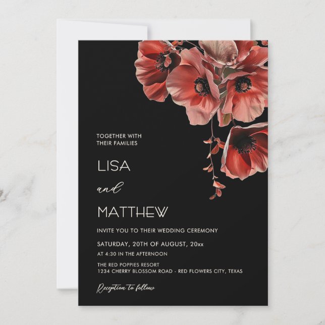 Convite Elegant Dark Moody Red Flowers  (Frente)