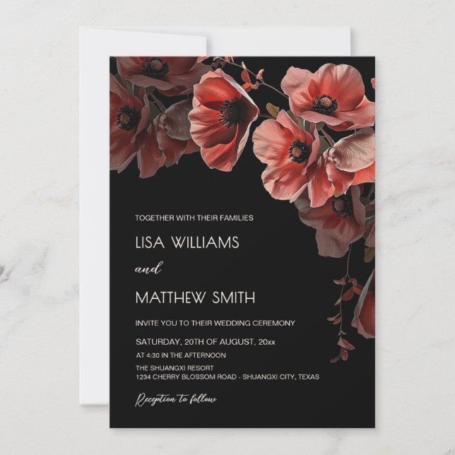 Convite Elegant Dark Moody Red Flowers | Photo Wedding (Frente)