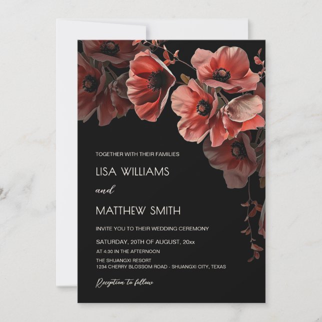 Convite Elegant Dark Moody Red Flowers Wedding (Frente)