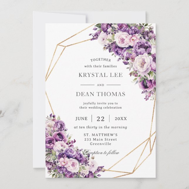 Convite Elegant Dark Purple and Blush Pink Floral Wedding (Frente)