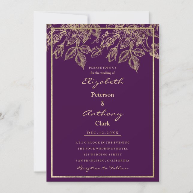 Convite Elegant dark purple gold luxury floral Wedding (Frente)