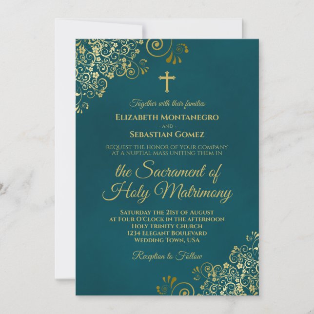 Convite Elegant Dark Teal & Gold Modern Catholic Wedding (Frente)