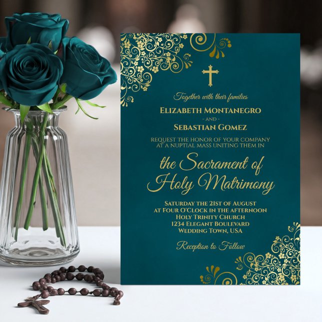 Convite Elegant Dark Teal & Gold Modern Catholic Wedding (Criador carregado)
