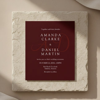 Convite Elegant Deep Burgendy Wedding Monogram Initials 