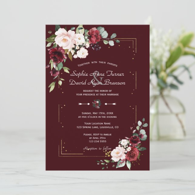 Convite Elegant Deep Burgundy Blush Flowers Gold Wedding  (Em pé/Frente)