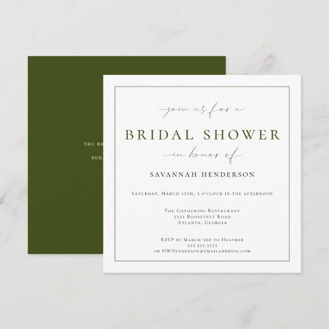 Convite Elegant Deep Green Bridal Shower Classic (Frente/Verso)