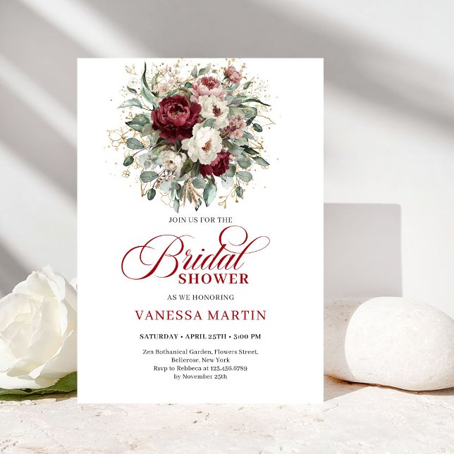 Convite Elegant Deep Red Floral Bridal Shower Invitation (Elegant Deep Red Floral Bridal Shower Invitation)