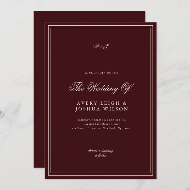 Convite Elegant Deep Red Monogram Old Money Wedding (Frente/Verso)
