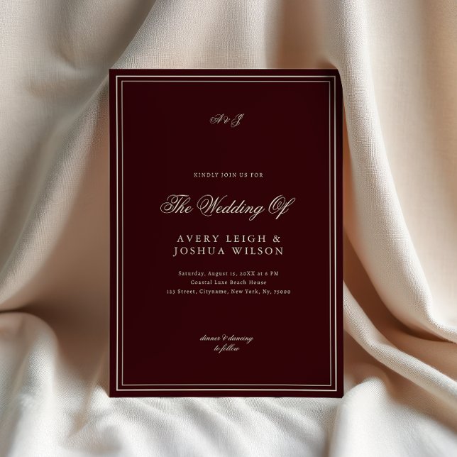Convite Elegant Deep Red Monogram Old Money Wedding (Criador carregado)