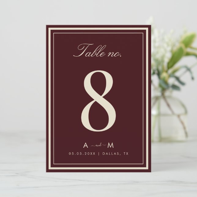 Convite Elegant Deep Red Wedding 5x7 Table Number Card (Em pé/Frente)