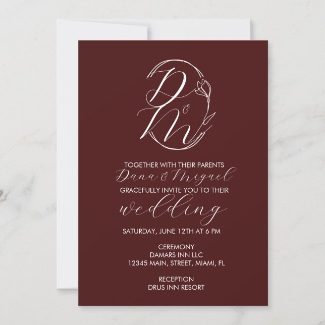Convite Elegant Delicate Floral Wedding Logo Deep Burgundy (Frente)