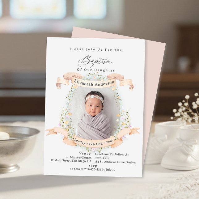 Convite Elegant Delicate Wildflowers Baby Photo Baptism (Elegant Delicate Wildflowers Baby Photo Baptism Invitation)