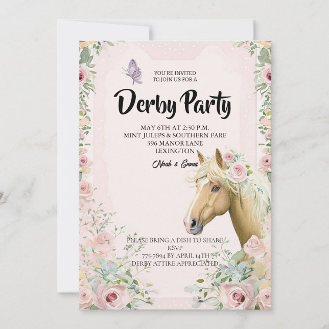 Convite Elegant Derby Party Invitation with Floral Accents (Frente)