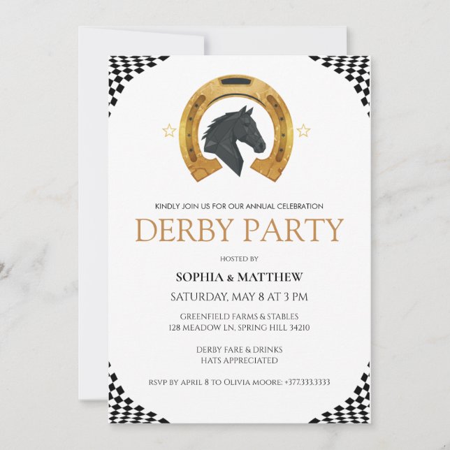 Convite Elegant Derby Party Invitation with Gold Horseshoe (Frente)