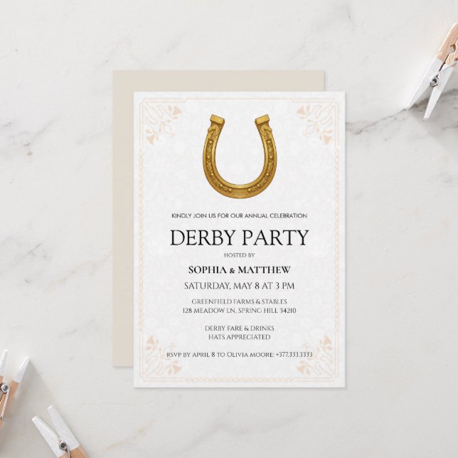 Convite Elegant Derby Party Invitation with Gold Horseshoe (Frente/Verso In Situ)