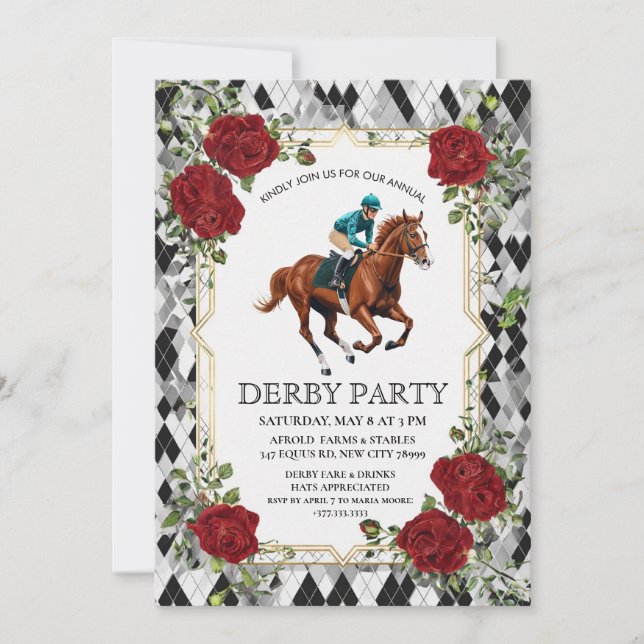 Convite Elegant Derby Party Invitation with Horse Racing I (Frente)