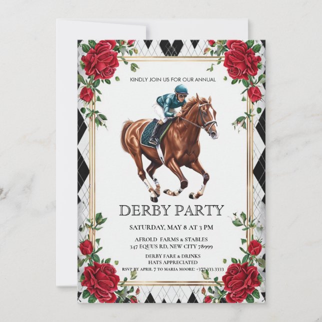 Convite Elegant Derby Party Invitation with Horse Racing I (Frente)