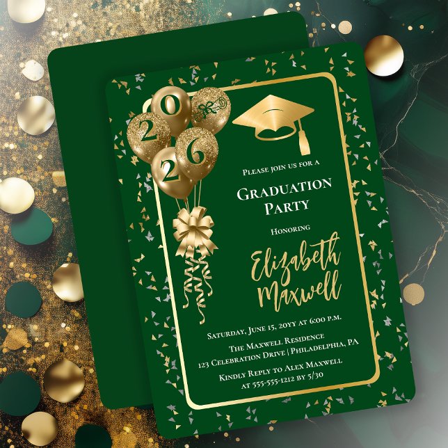 Convite Elegant Dk Green Gold Balloons Graduation Party (Elegant Dark Green and Gold Tone Graduation Party Invitation Balloons and Confetti - Print | Digital)