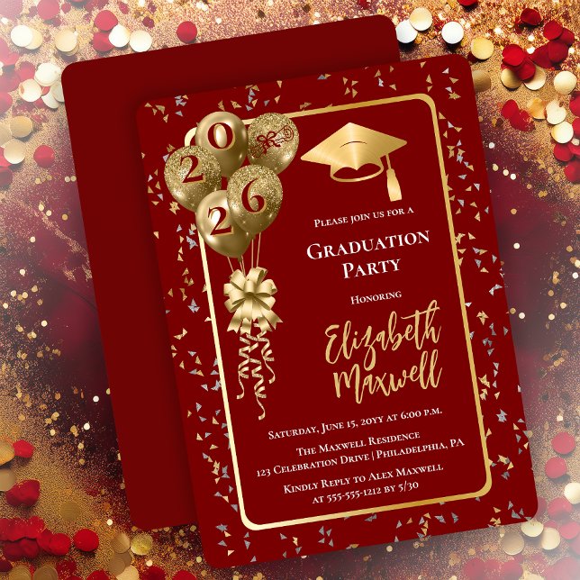 Convite Elegant Dk Red Gold Balloons Graduation Party (Elegant Dark Red and Gold Tone Graduation Party Invitation Balloons and Confetti - Print | Digital)