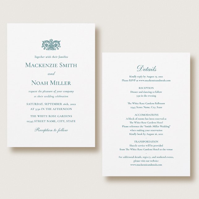 Convite Elegant Double-sided Wedding Invitation Teal (Criador carregado)