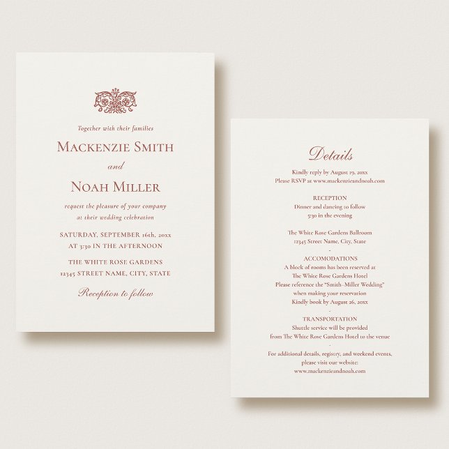 Convite Elegant Double-sided Wedding Invitation Terracotta (Criador carregado)