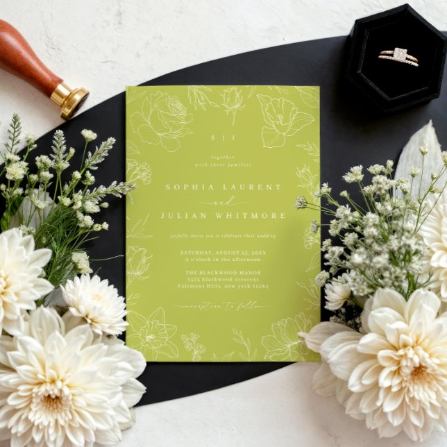 Convite Elegant Drawn Floral Citrus Green Garden Wedding (Criador carregado)