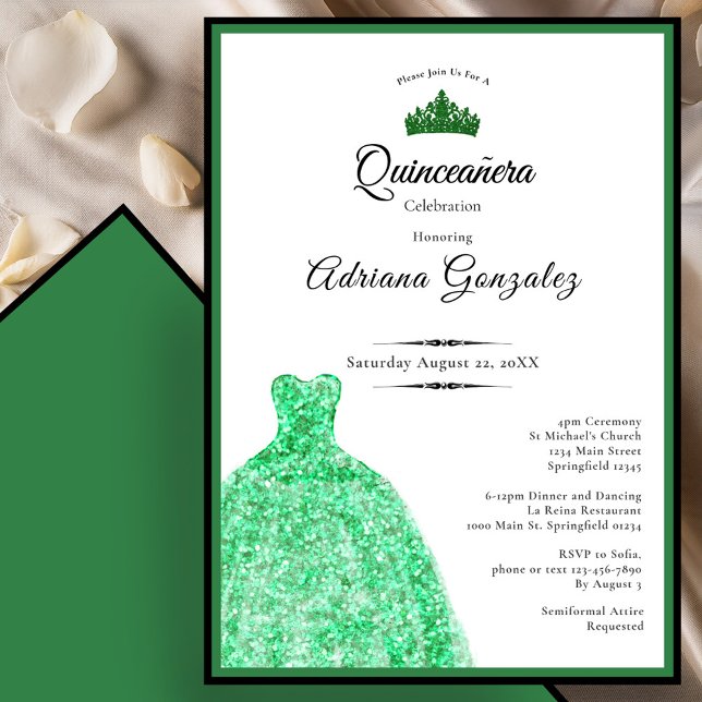 Convite Elegant dress 15th Birthday green Quinceanera (Criador carregado)