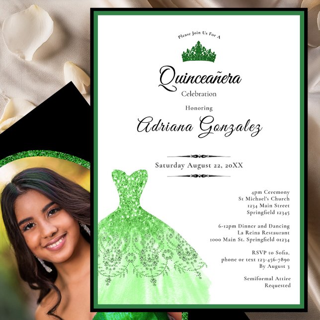 Convite Elegant dress 15th Birthday green Quinceanera (Criador carregado)