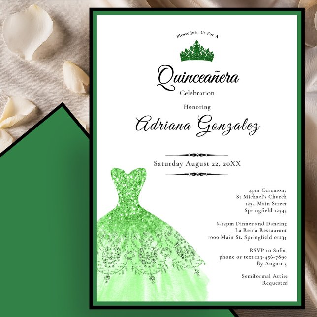 Convite Elegant dress 15th Birthday green Quinceanera (Criador carregado)