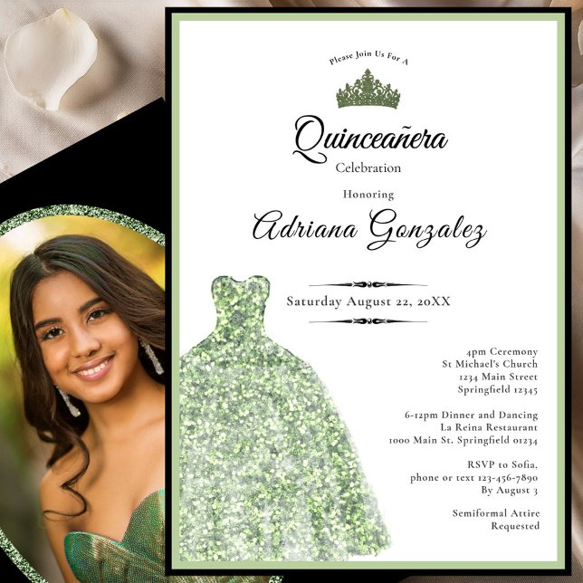 Convite Elegant dress 15th birthday sage green Quinceanera (Criador carregado)
