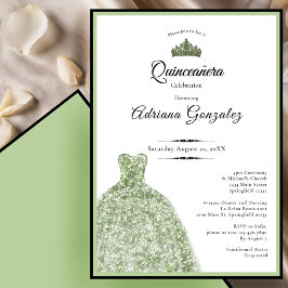 Convite Elegant dress 15th birthday sage green Quinceanera