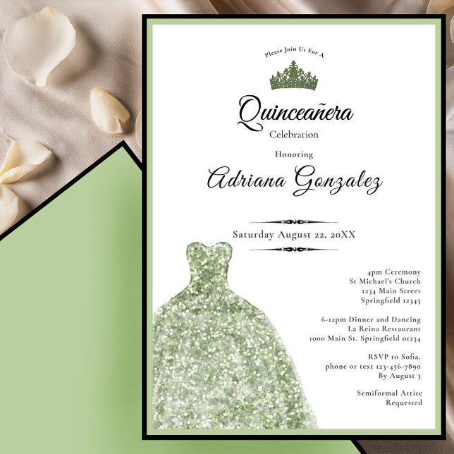 Convite Elegant dress 15th birthday sage green Quinceanera (Criador carregado)