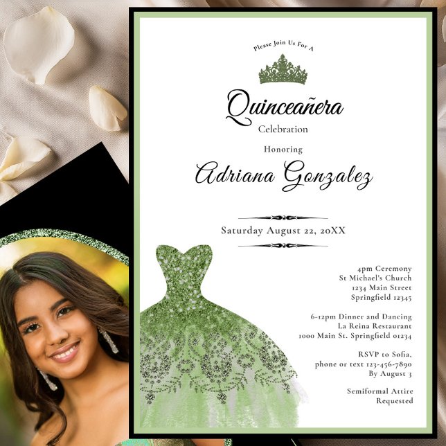 Convite Elegant dress 15th birthday sage green Quinceanera (Criador carregado)