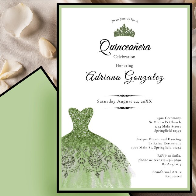 Convite Elegant dress 15th birthday sage green Quinceanera (Criador carregado)