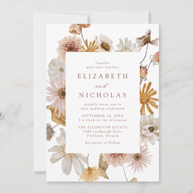 Convite Elegant Dried Wildflower Floral Wedding (Frente)