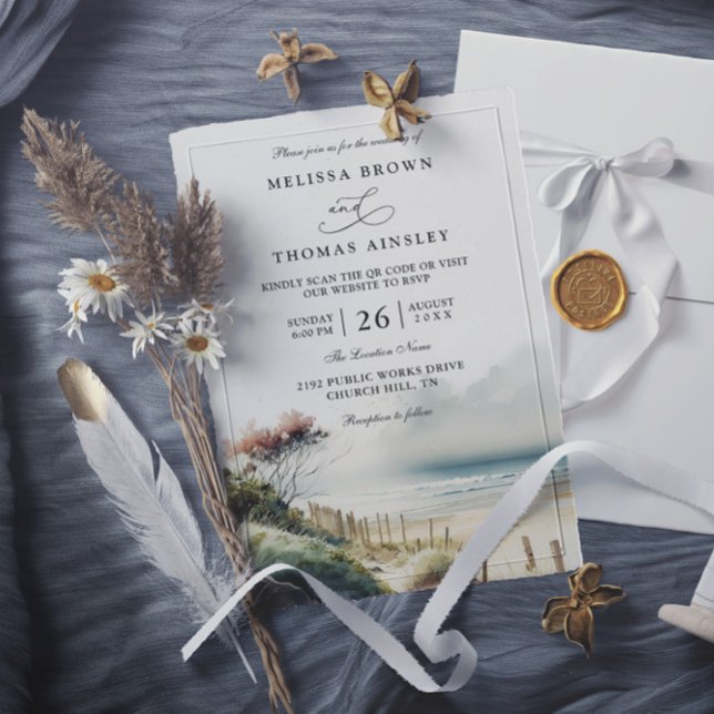 Convite Elegant Dusky Coastal Sand Beach QR Code Wedding (Criador carregado)