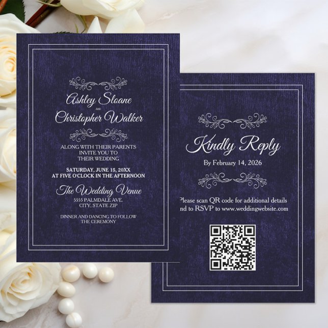 Convite Elegant Dusty Black White QR code Wedding (Black velvet and white text elegant wedding invitation and rsvp combination with your QR code)