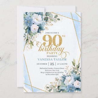 Convite Elegant Dusty Blue 90th Birthday Floral Script