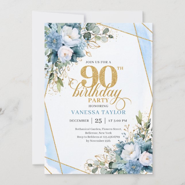 Convite Elegant Dusty Blue 90th Birthday Floral Script  (Frente)