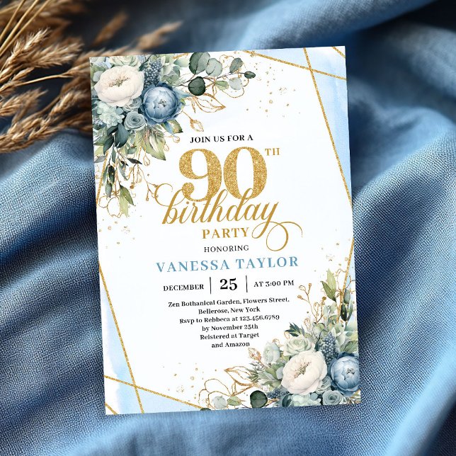 Convite Elegant dusty blue blooms 90th birthday invite  (Elegant dusty blue blooms 90th birthday invite design)