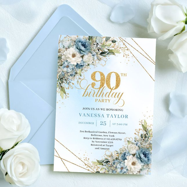 Convite Elegant Dusty Blue Botanical 90th Birthday Invite (Elegant Dusty Blue Botanical 90th Birthday Invite

)
