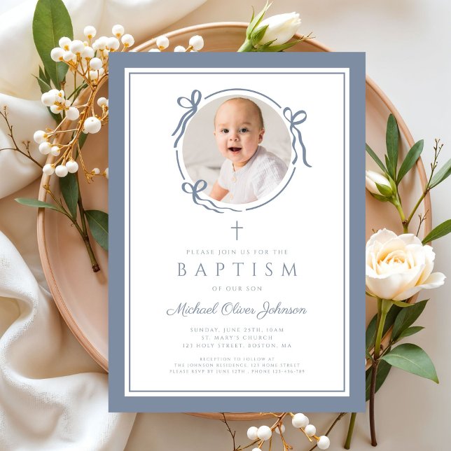 Convite Elegant Dusty Blue Bow Boy Photo Baptism (Elegant Dusty Blue Bow Boy Photo Baptism Invitation)